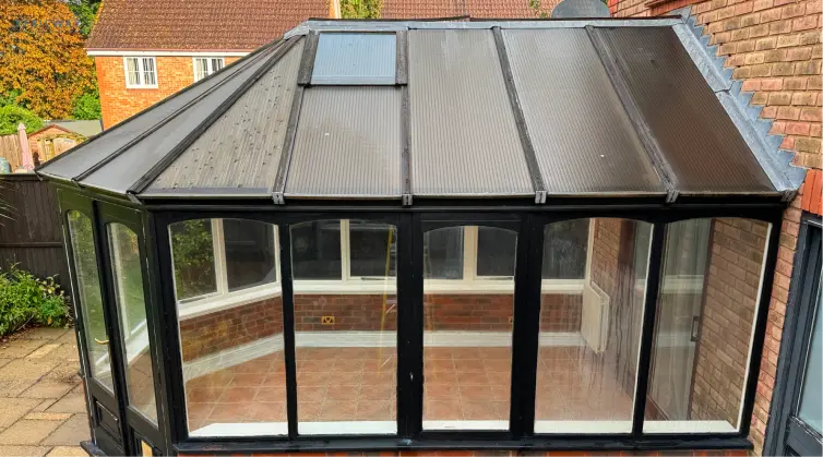 Efficient conservatory roof insulation: custom grey ThermoPanels with RENOLIT finish 1 ThermoPanels conservatory roof insulation - before